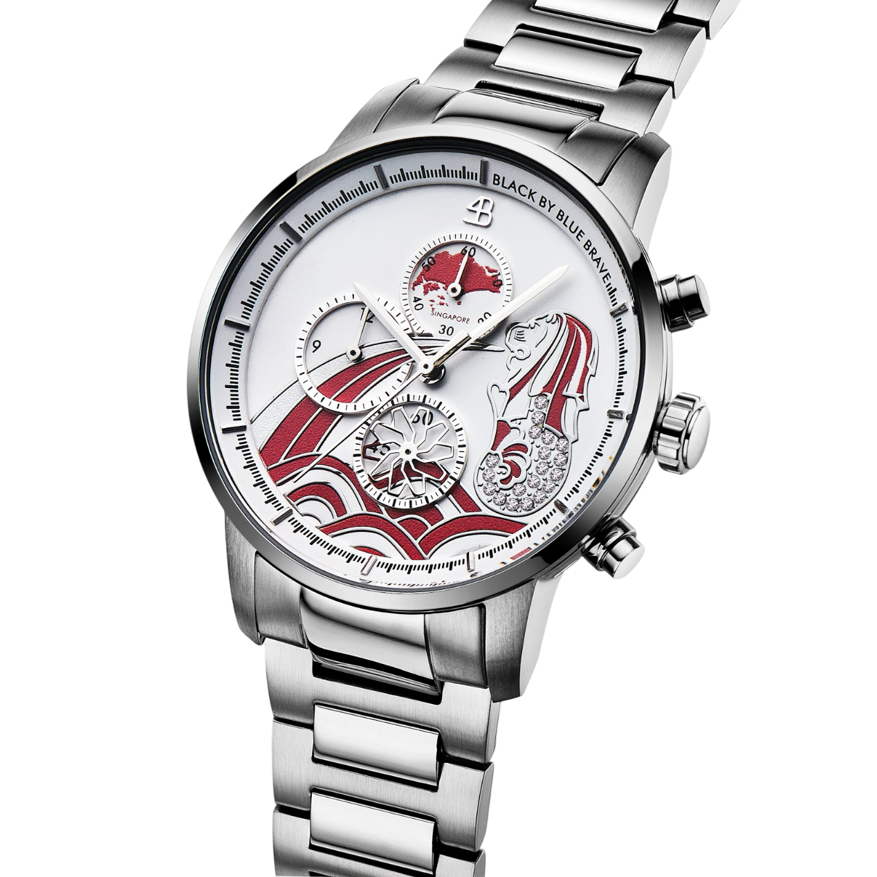 Merlion 40mm Red Dial Chronograph Moving Flyer Silver Bracelet Watch - 4B1165 - side view - Black By Blue Brave