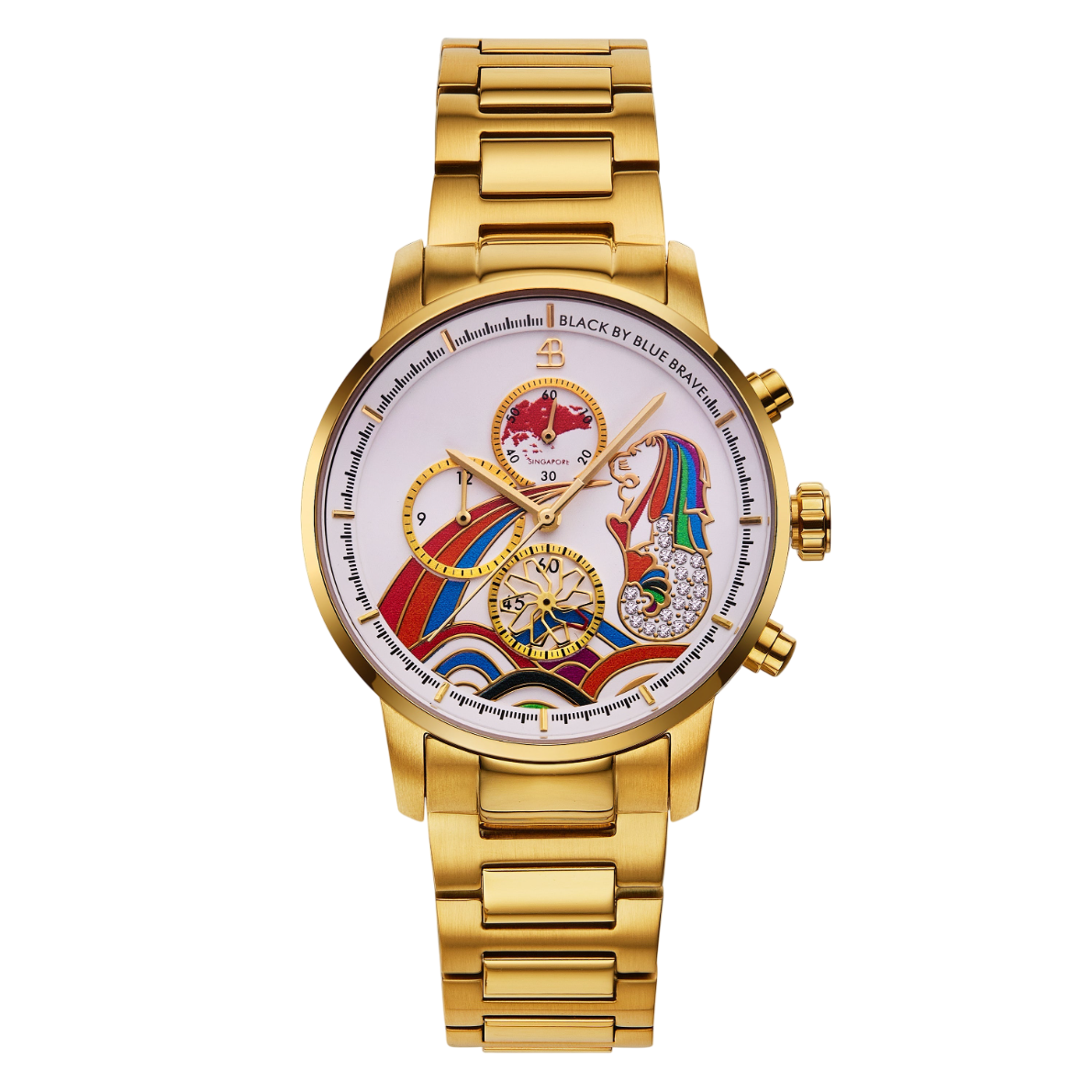 Merlion 40mm Rainbow Dial Chronograph Moving Flyer Gold Bracelet Watch - 4B1166 - front - Black By Blue Brave