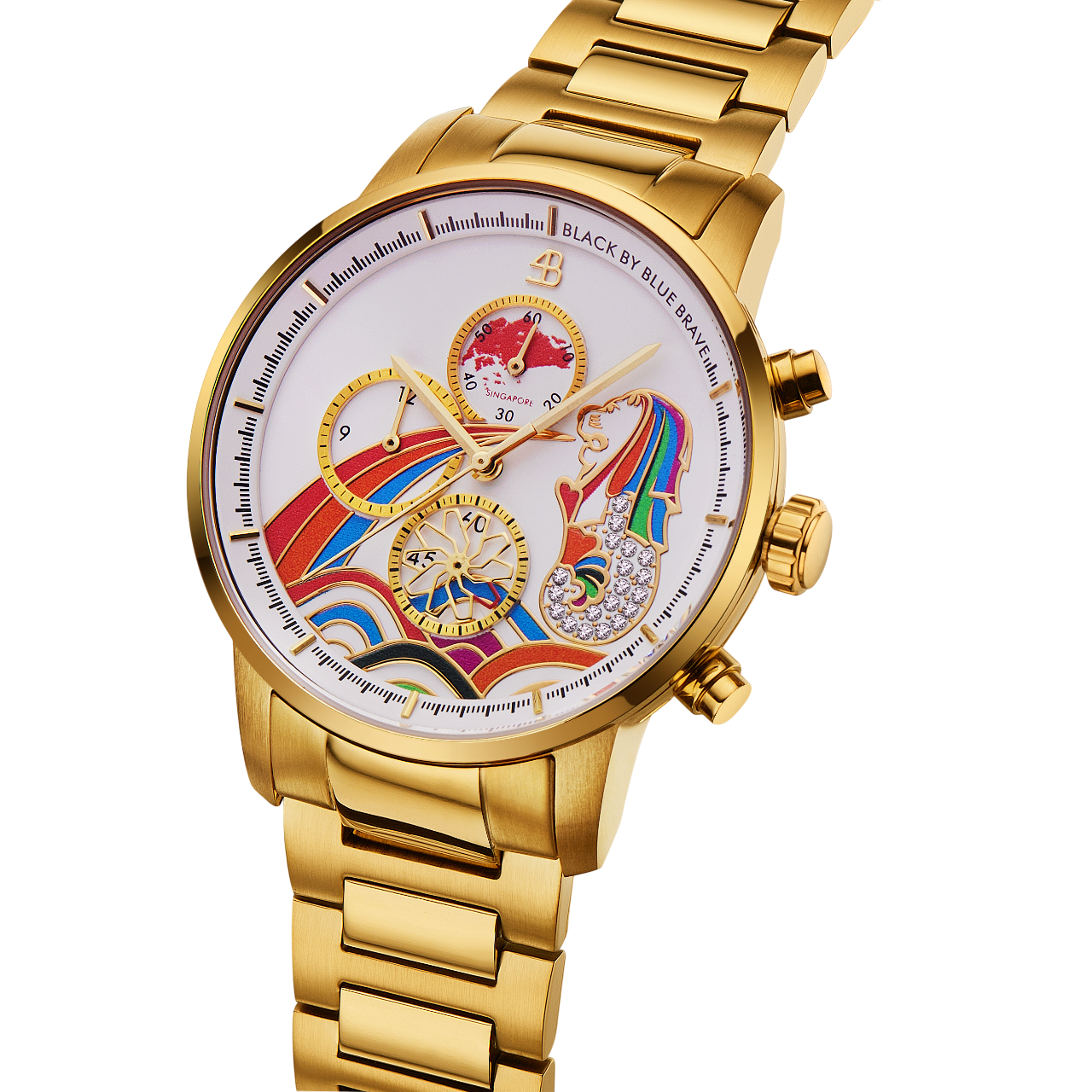 Merlion 40mm Rainbow Dial Chronograph Moving Flyer Gold Bracelet Watch - 4B1166 - side view - Black By Blue Brave