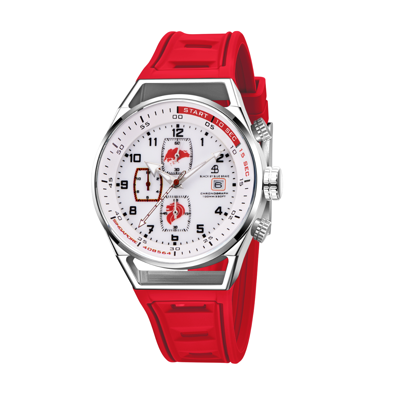 Merlion II 41mm Silver Singapore Dial Chronograph Red Silicon Strap Watch - 4B8314 - front - Black By Blue Brave