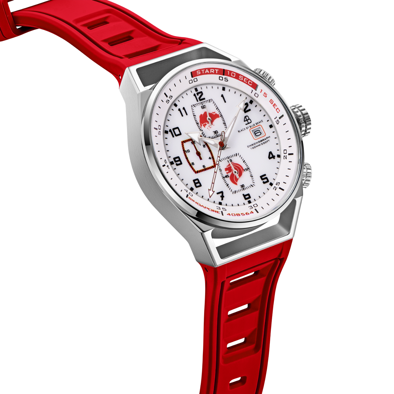 Merlion II 41mm Silver Singapore Dial Chronograph Red Silicon Strap Watch - 4B8314 - side view - Black By Blue Brave