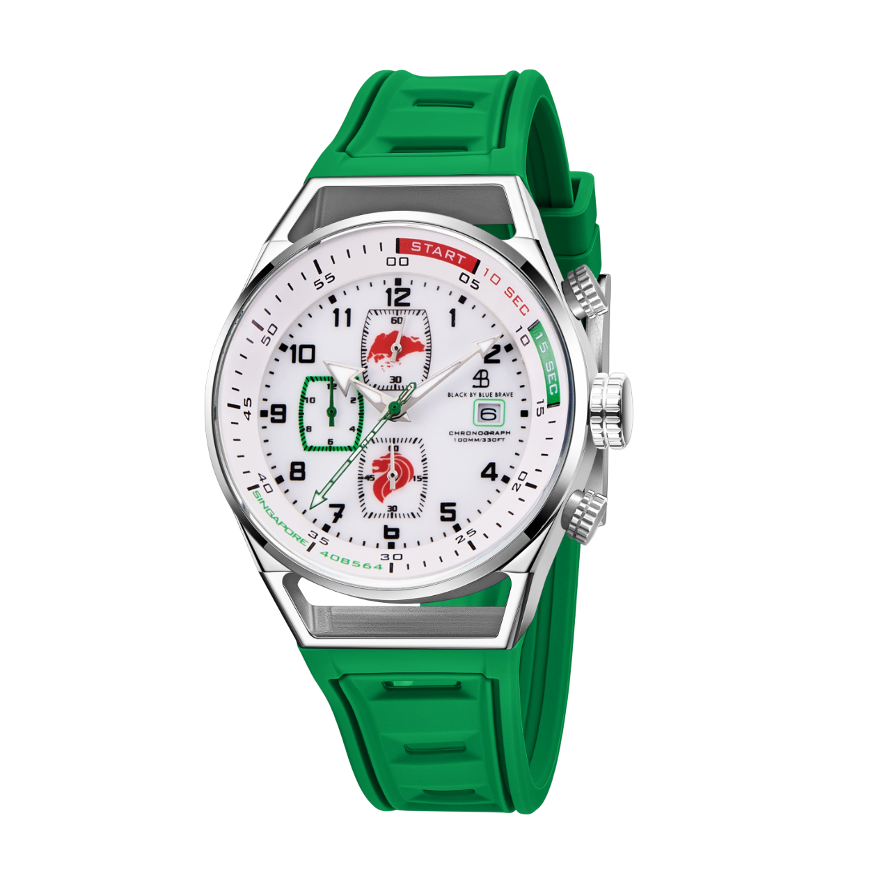 Merlion II 41mm Silver Singapore Dial Chronograph Green Silicon Strap Watch - 4B8317 - front - Black By Blue Brave