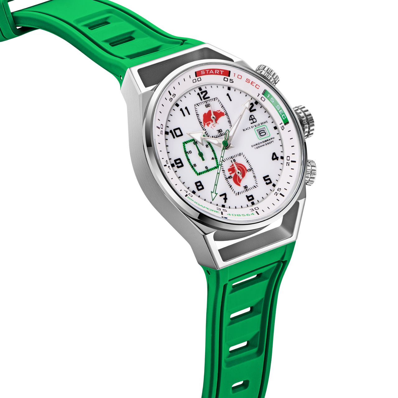 Merlion II 41mm Silver Singapore Dial Chronograph Green Silicon Strap Watch - 4B8317 - side view - Black By Blue Brave