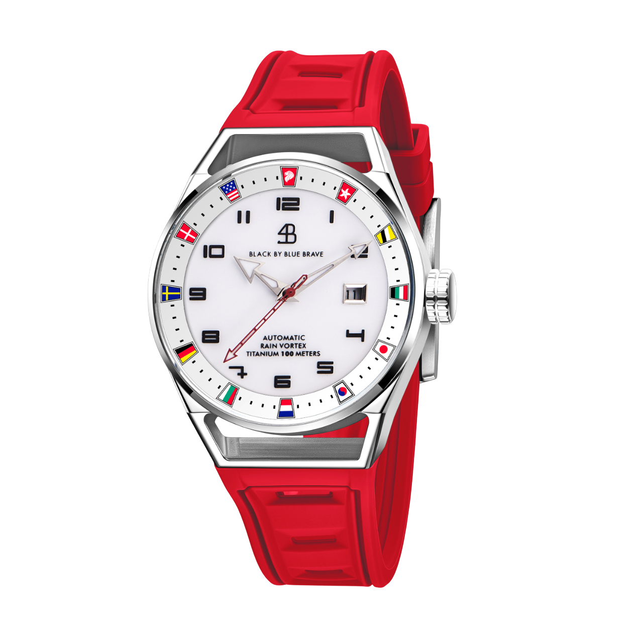 Merlion II 41mm Silver Flags Dial Red Silicon Strap Automatic Watch - 4B9313 - front - Black By Blue Brave