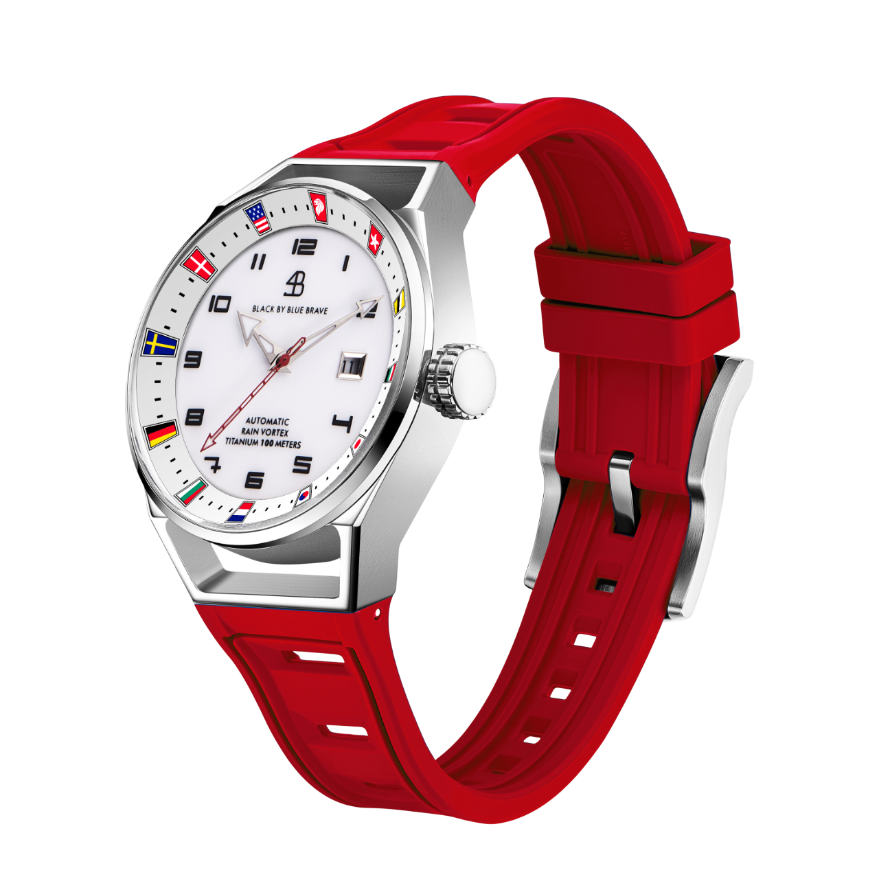 Merlion II 41mm Silver Flags Dial Red Silicon Strap Automatic Watch - 4B9313 - side view - Black By Blue Brave