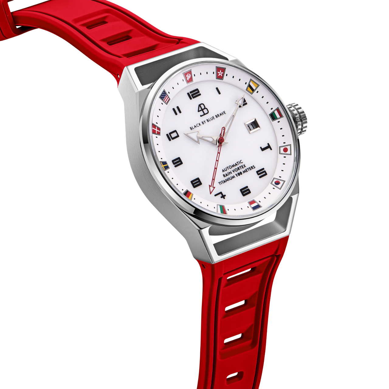 Merlion II 41mm Silver Flags Dial Red Silicon Strap Automatic Watch - 4B9313 - side view - Black By Blue Brave
