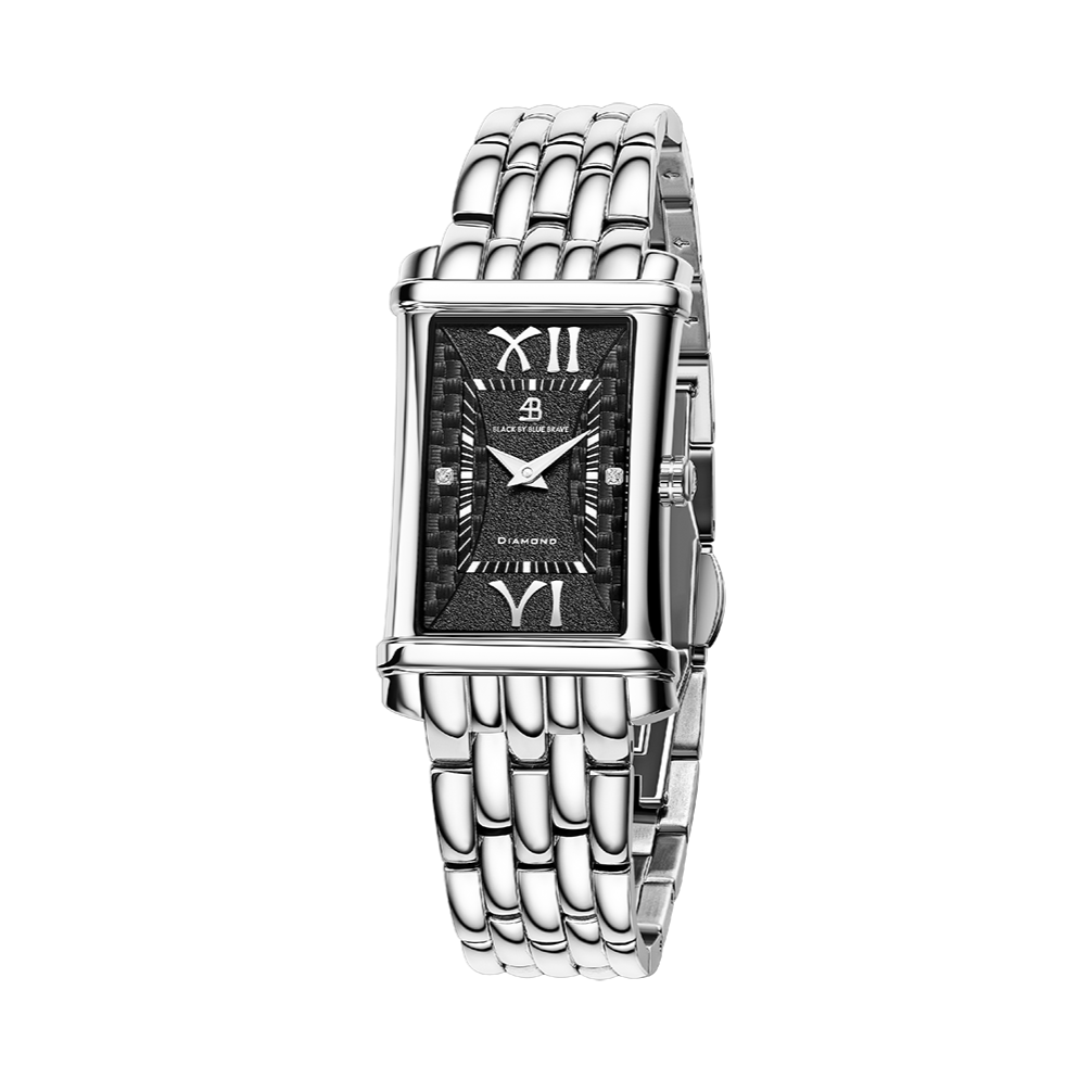 Monica 27*42mm Black Guilloche Dial Genuine Diamonds Silver Bracelet Watch - 4B1270 - front - Black By Blue Brave