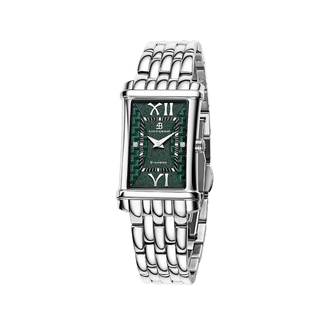 Monica 27*42mm Green Guilloche Dial Genuine Diamonds Silver Bracelet Watch - 4B1272 - front - Black By Blue Brave