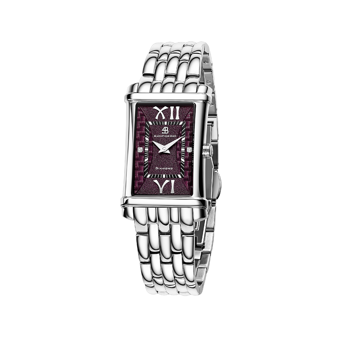 Monica 27*42mm Purple Guilloche Dial Genuine Diamonds Silver Bracelet Watch - 4B1273 - front - Black By Blue Brave