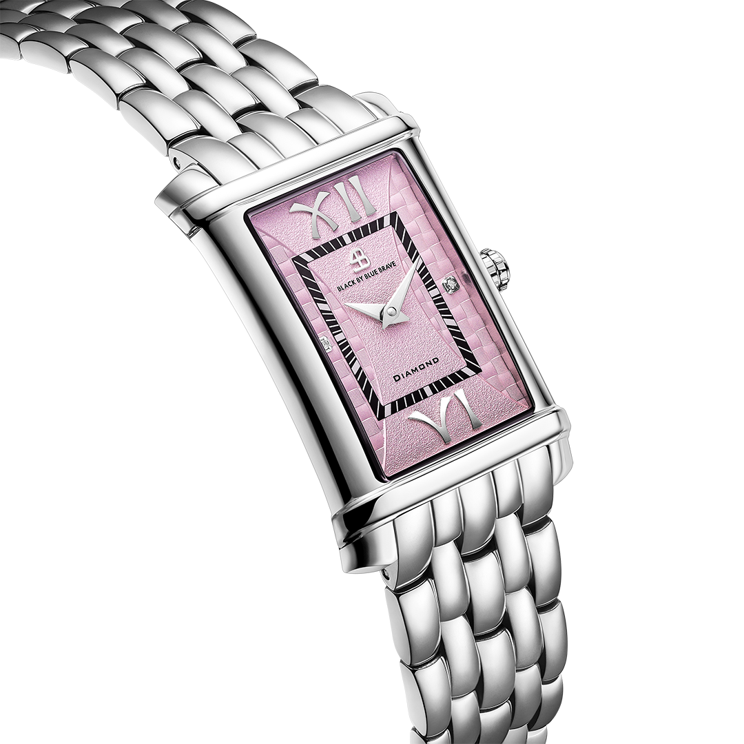 Monica 27*42mm Pink Guilloche Dial Genuine Diamonds Silver Bracelet Watch - 4B1275 - side view - Black By Blue Brave