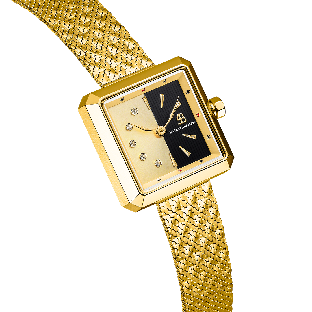 Spider 24mm Gold & Black Dial Gold Meshband Watch - 4B1172 - side view - Black By Blue Brave