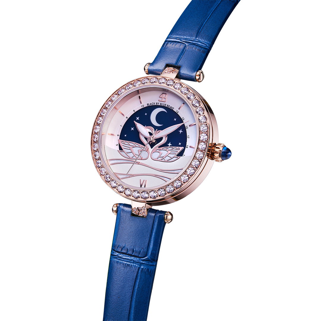 Swan Lovers 34mm Blue Moon Phase Dial Leather Strap Watch - 4B11110 - side view - Black By Blue Brave
