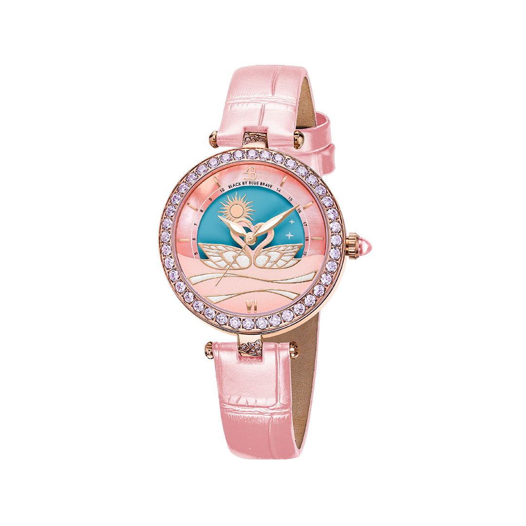 Swan Lovers 34mm Pink Moon Phase Dial Leather Strap Watch - 4B11111 - front - Black By Blue Brave