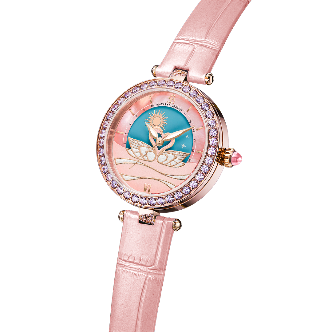 Swan Lovers 34mm Pink Moon Phase Dial Leather Strap Watch - 4B11111 - side view - Black By Blue Brave