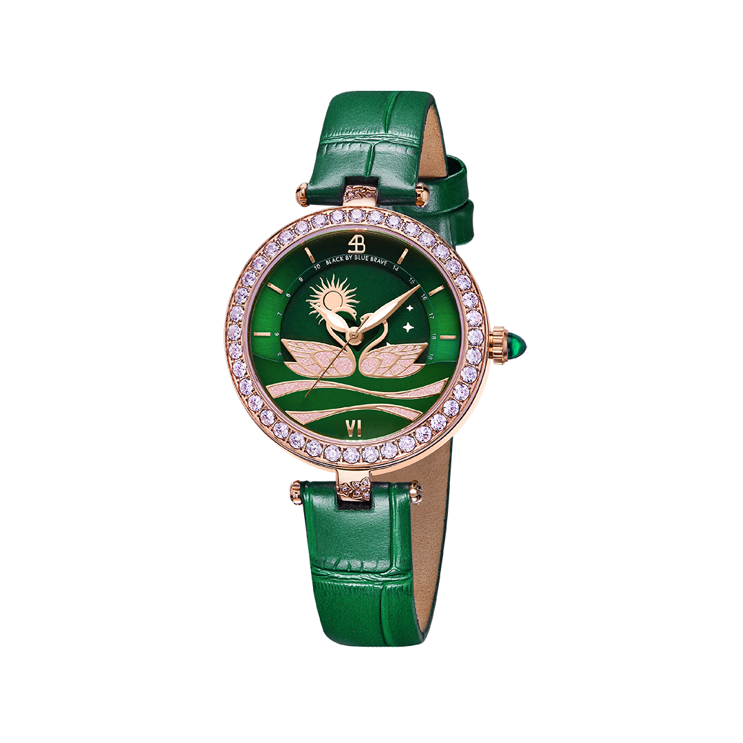 Swan Lovers 34mm Green Moon Phase Dial Leather Strap Watch - 4B11112 - front - Black By Blue Brave