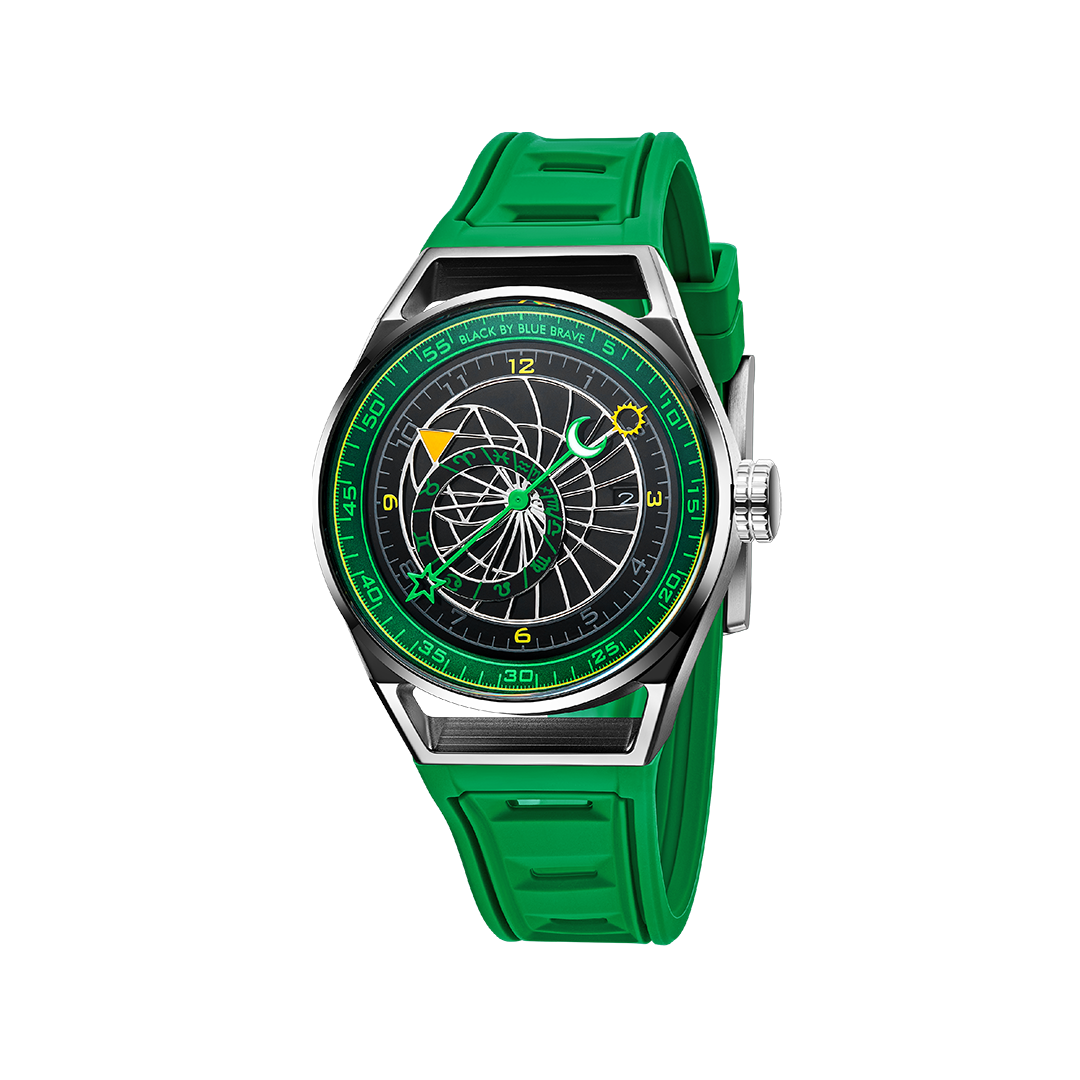 Warrior 41mm Green Astronomical Dial Silicon Strap Automatic Watch - 4B8302 - front - Black By Blue Brave
