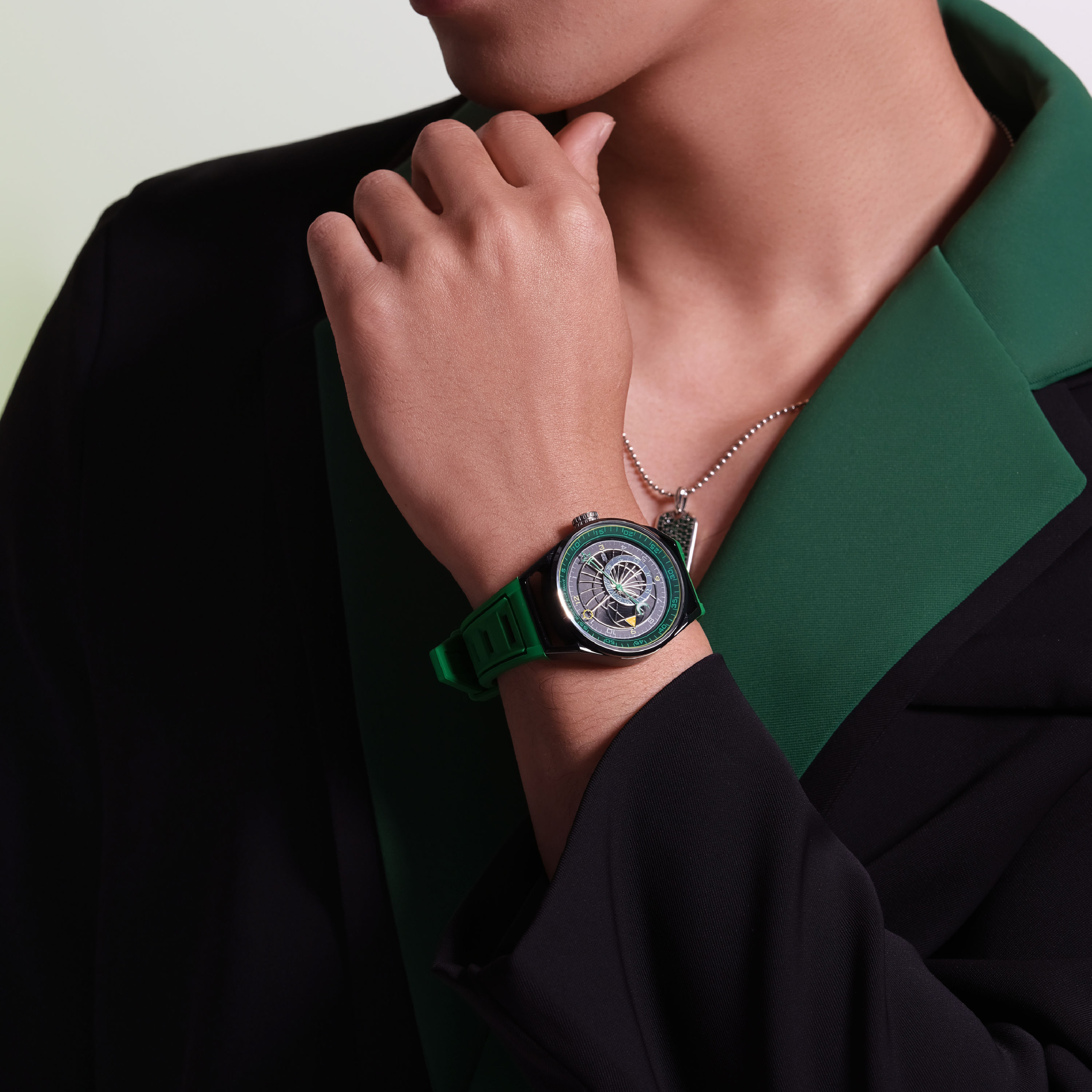 Warrior 41mm Green Astronomical Dial Silicon Strap Automatic Watch - 4B8302 - Wear - Black By Blue Brave
