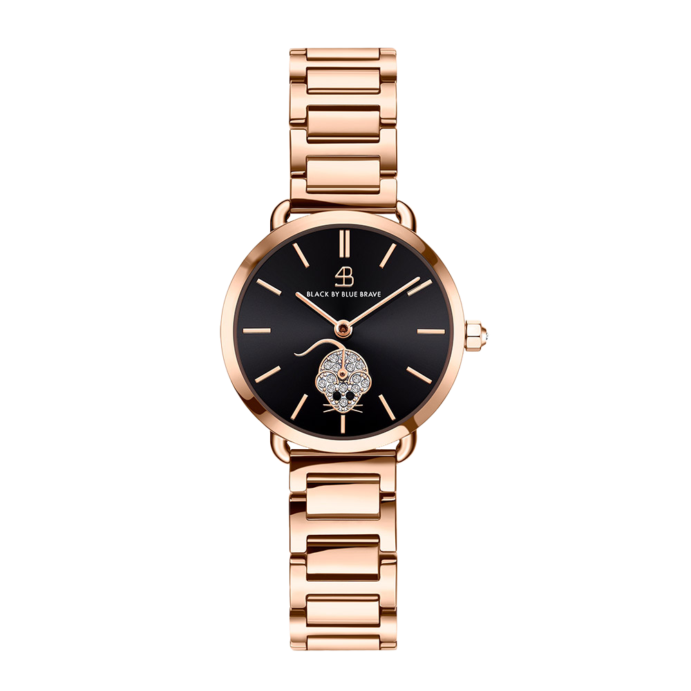 Zodiac Rat 28mm Black Dial Crystal Rat Rosegold Bracelet Watch - 4B2702 - front - Black By Blue Brave
